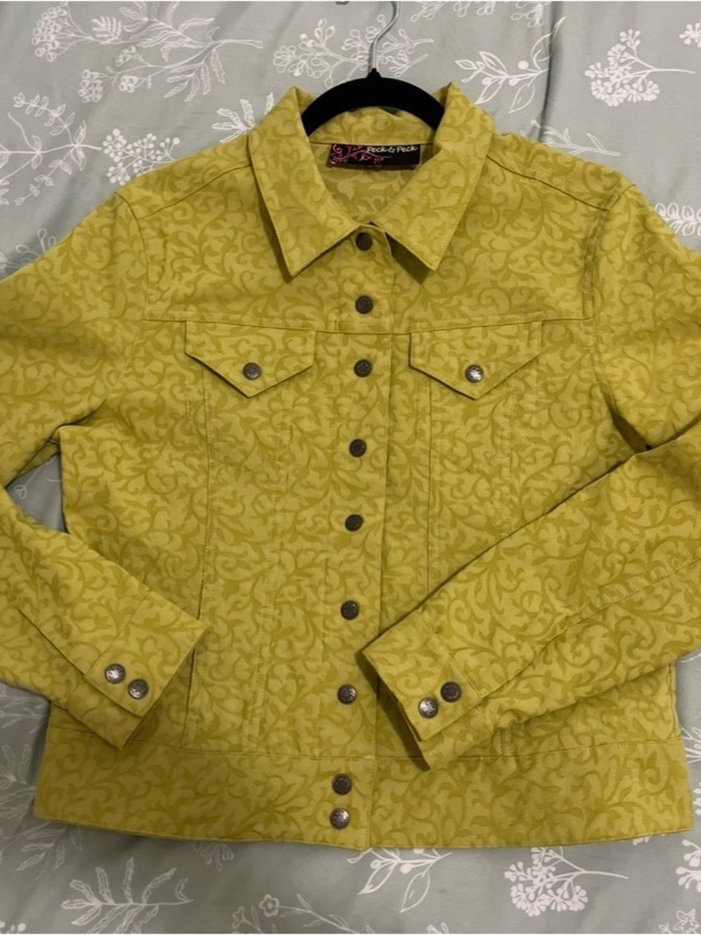Peck & Peck Lime Green Jacquard Women's Jacket Sz L Chartreuse Snaps